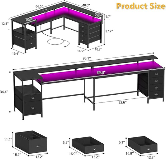 Furologee 95" Two Person Computer Gaming Desk, Long 2 Person Home Office Desk with 6 Drawers & Storage Shelves, Double Table with Power Outlets, LED Lights and Full Monitor Shelf, Black