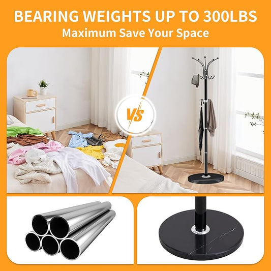 ZOZOE Metal Coat Rack Stand, Modern Coat Rack Freestanding with Natural Marble Base, 360° Rotary Design Coat Racks with 14 Hooks, Black Coat Tree Hanger Stand for Bags, Hats, Entryway, Office