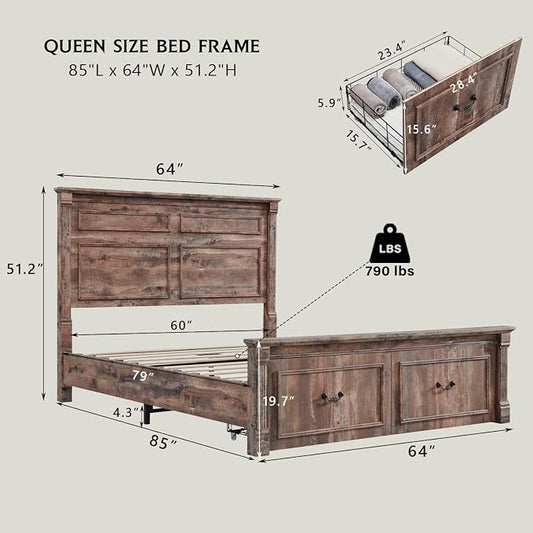 Aitjunz Farmhouse Queen Size Bed Frame with 51" Tall Headboard, Wood Platform Bed Frame with 20" Tall Roman Column Decoration Footboard & 2 Large Storage Drawers, No Box Spring Needed (Light Brown)