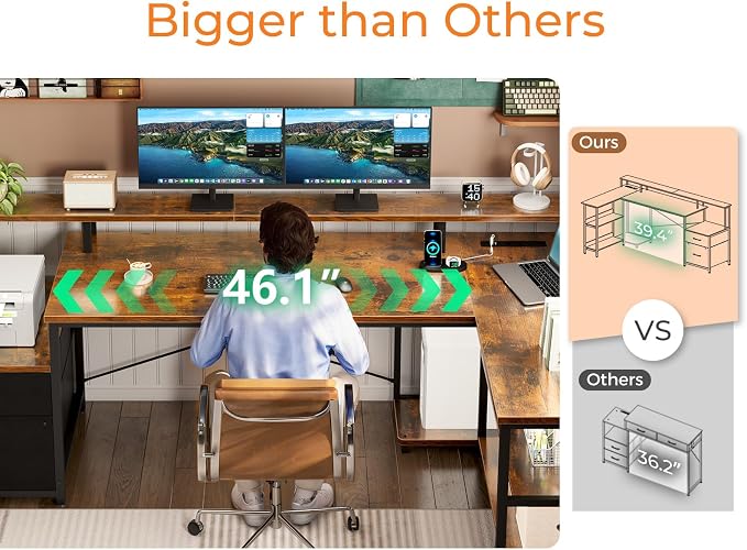 ODK 75" L Shaped Desk with File Drawers, Work from Home Office Desk with Power Outlet, Reversible Computer Desk with Storage Shelves, Gaming Desk with Monitor Shelf, Corner WFM Table, Vintage