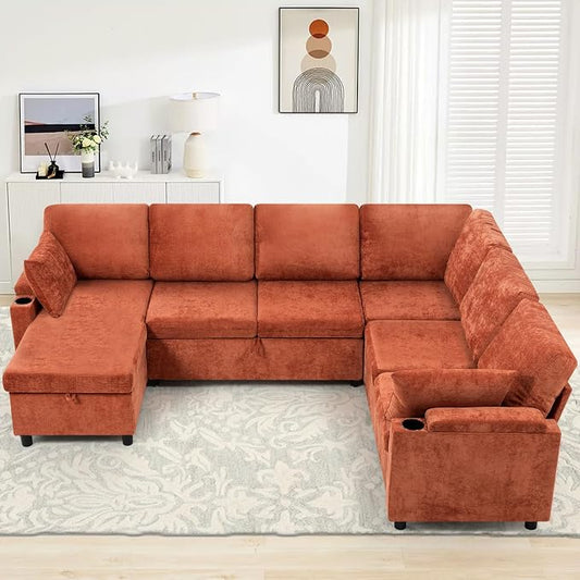 110" Chenille Sectional Sofa w/Pull Out Bed &Storage Chaise, Orange | Reversible U Shape Sofa w/Storage Armrests & Cup Holders, Corner Couch w/USB Charging Port & Throw Pillows for Living Room