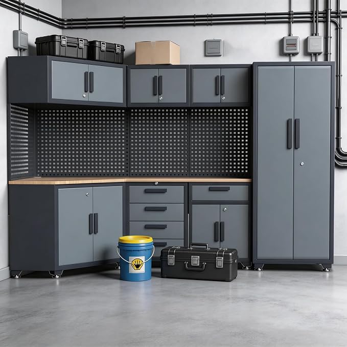 16PCS Garage Storage Cabinet System - Heavy Duty Workshop Set w/Corner Cabinet Includes Workbench, Pegboard & Lockable Drawers | Metal Tool Organization System for Garage/Workshop