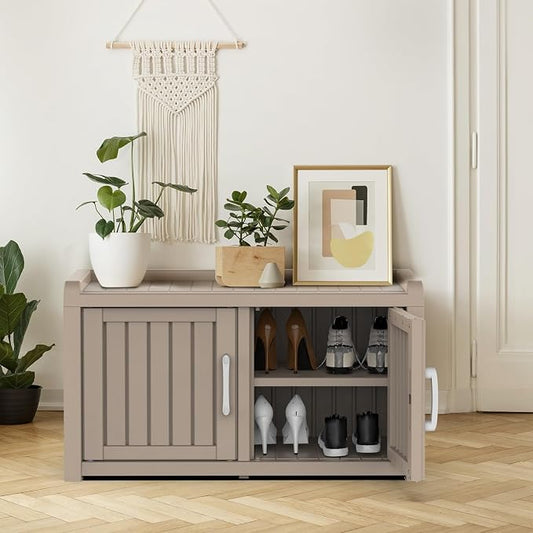 DRATO Indoor Outdoor Shoe Storage Cabinet, Shoe Bench Entryway with Adjustable Shelves, Waterproof Resin Storage Bench for Entryway, Foyer, Hallway (Grey, Duble Doors)
