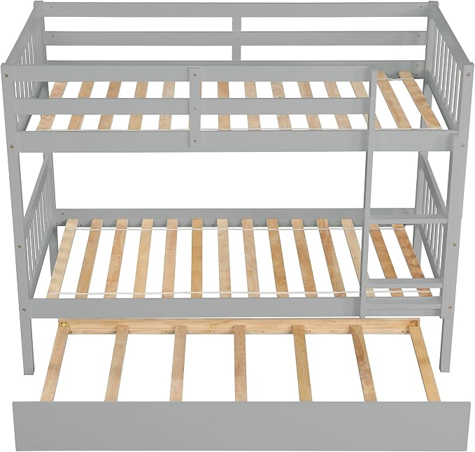 Bellemave Twin Over Twin Bunk Bed with Trundle,Convertible Bunk Beds with Ladder & Safety Guardrails,Twin Size Bunk Beds for Kids Girls Boys,Grey