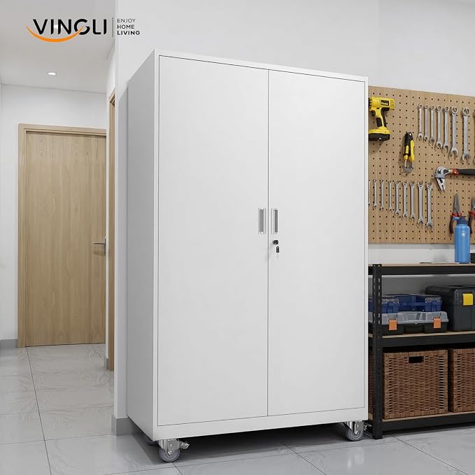 VINGLI Large Metal Storage Cabinet with 2 Doors and 5 Adjustable Shelves, Upgraded Height & Wide & Deep, 40''W x 20''D x 72''H, Oversized Garage Storage Cabinet with Wheels and Locks (White)