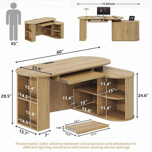 HSH L Shaped Office Corner Desk with Storage Cabinet for Home Oak 60 Inch | Executive Woood Fluted Computer Desk with Keyboard Tray and Open Shelves Modern Reversible Mcm Large Swivel Table