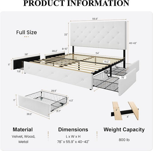 SHA CERLIN Full Size Platform Bed Frame with 4 Oversized Storage Drawers, Adjustable Headboard with Velvet Upholstery, Diamond Button Tufted Design, Wooden Slat Support, No Box Spring Needed, White