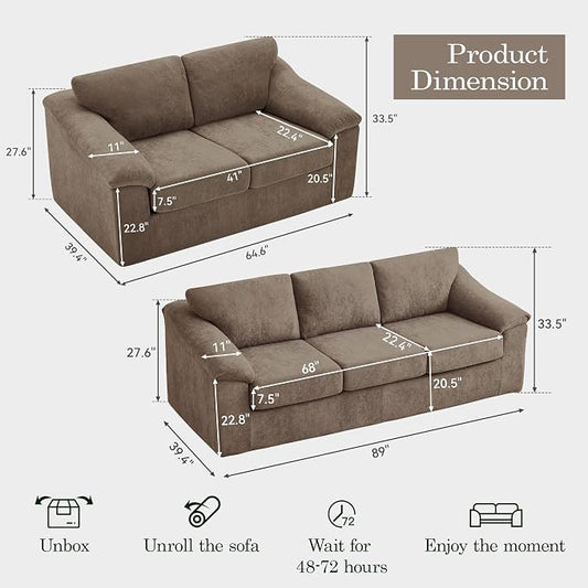 Boneless Couch Sets, Modern 3 Seater Sofa and Loveseat Sofa, Floor Cloud Couch Sets with Extra Comfy Soft Deep Seats for Living Room, Apartment, No Assemby, Set of 2, Brown