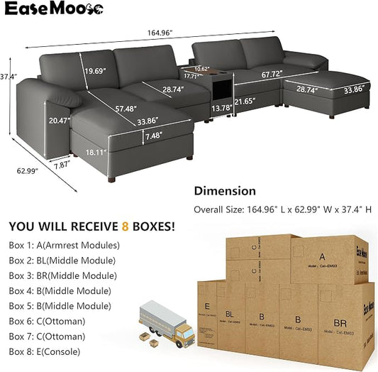 EASE MOOSE Leather Sectional Couch with Console, Oversized Modular Sectional Sofas, Wide Deep Seat Modular Couch, Scratch Resistant Faux Leather Material, U Shaped Sofa for Big Spaces,Grey