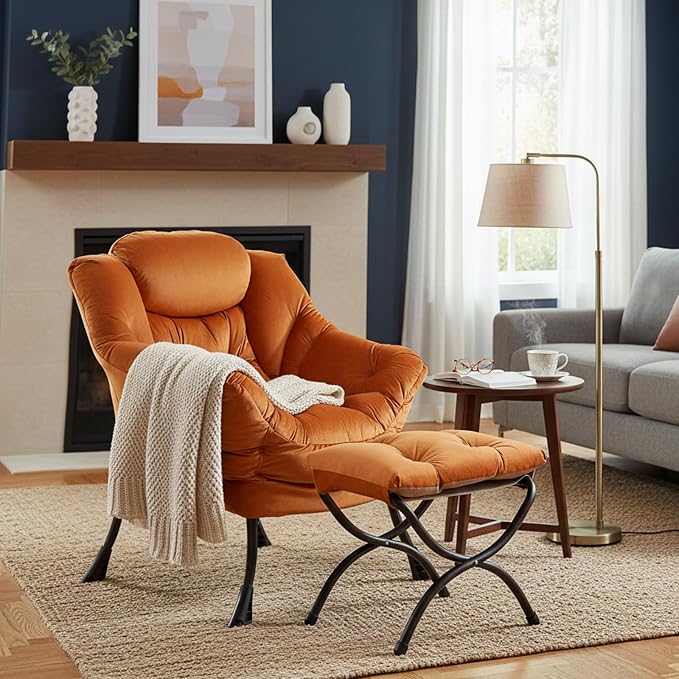 Welnow Orange Lazy Chair with Ottoman, Modern Accent Chair with Armrests and a Side Pocket, Leisure Sofa Armchair, Reading Armchair with Footrest for Small Space, Corner Chair