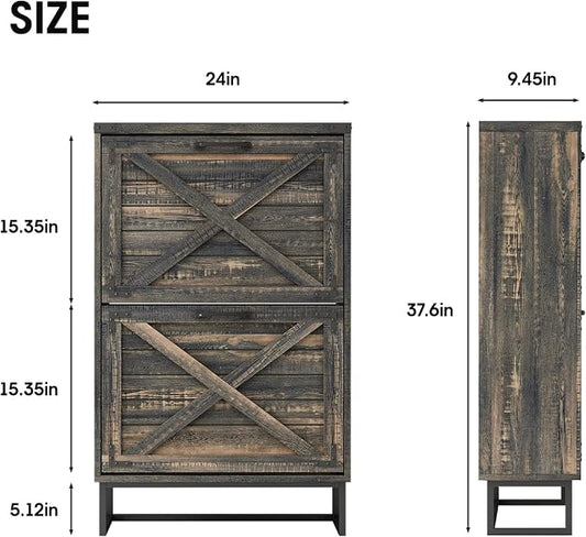 Maupvit 24" W Farmhouse Shoe Cabinet Storage for Entryway, Freestanding Organizer with 2 Flip Drawers, Narrow Shoe Rack Cabinet with Metal Corner Decoration, Dark Rustic Oak