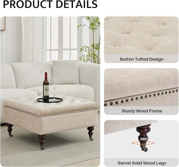 Large Square Storage Ottoman Uphlostered Tufted Button Coffee Table, Oversized Footrest Bench with Castered Rolling Wheels for Living Room, Light Brown Chenille Waterproof