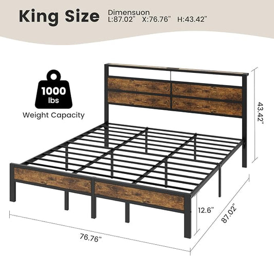 King Size Bed Frame with LED Lights & Charging Station, Brown Metal Platform Bed with Wood Headboard and Sturdy Slats, No Box Spring Needed
