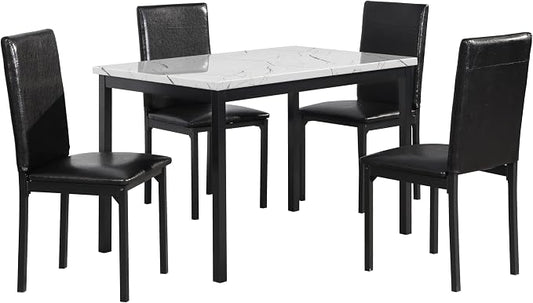 Roundhill Furniture 5 Piece Citico Metal Dinette Set with Laminated Faux Marble Top, White Table with Black Chairs