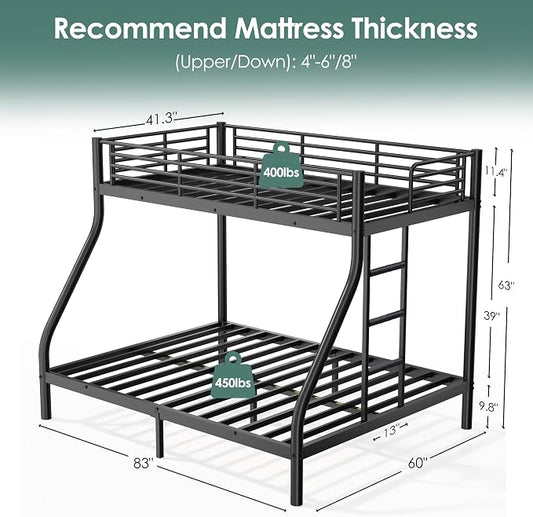 Bunk Beds Twin XL Over Full Size with 6" Mattresses Included, All-in-One Bunk Bed for Kids/Adults, Heavy Duty Sturdy Frame with Ladder Guardrail, with Memory Foam Mattresses, Black