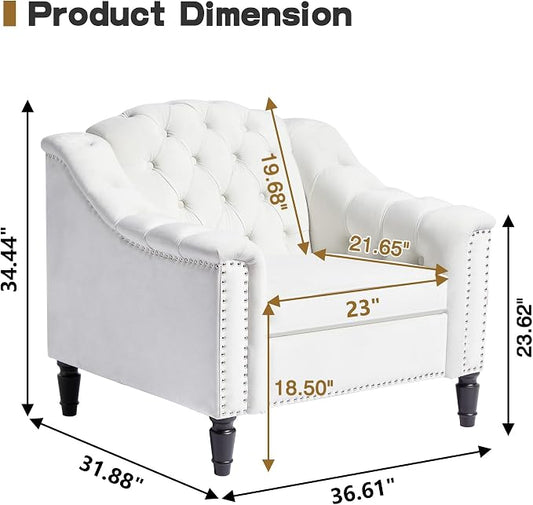 LEVNARY White Velvet Chair for Bedroom, Upholstered Sofa Chair with High Back, Mid-Century Modern Armchair with Solid Wood Legs, Single Couches for Living Room (White)