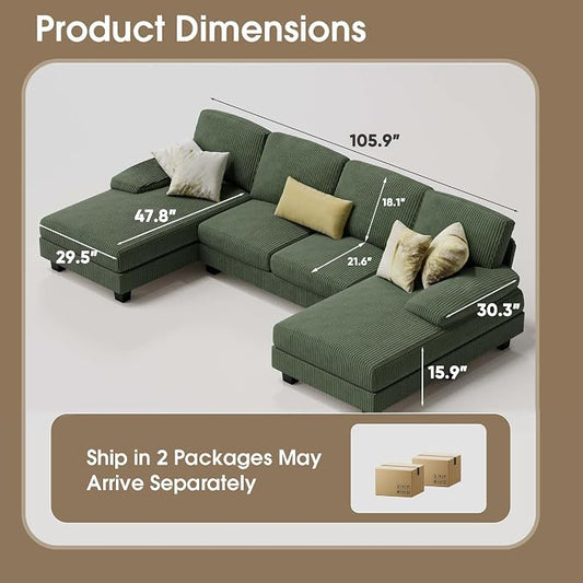 Furmax Sectional Couches for Living Room, U-Shaped Sofa Couch with Linen Fabric, 4 Seat Sofa Set with Double Chaise for Apartment (Corduroy, Dark Green)
