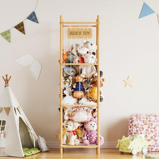 SpaceAid Stuffed Animal Storage Organizer, Wood Animals Zoo Toy Plushies Storage Holder, Large Capacity Plush Toy Cage for Playroom Organization, 15.8" Wide, Natural