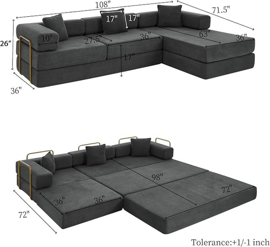 HANXIN 108" Modular Sectional Sofa, Futon Convertible Sofa Bed,Oversized Corduroy Boneless Couch for Living Room,Floor Loveseat Sleeper with Pull Out Bed,Free Combination,No Assembly Required (Grey)