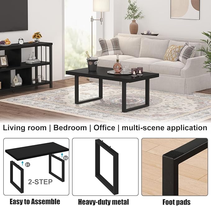 IBF Modern Black Coffee Table, Minimalist Industrial Wooden Center Table, Simple Farmhouse Rectangle Living Room Table, Wood and Metal Cocktail Coffee Table for Home Bedroom Office, Black Oak, 47 Inch