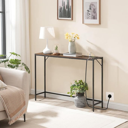 MAHANCRIS Console Table, Narrow Sofa Table, 43.7” Entrance Table with Power Station, Behind Couch Table, Simple Style, for Living Room, Hallway, Entryway, Foyer, Rustic Brown and Black CTHR112E01