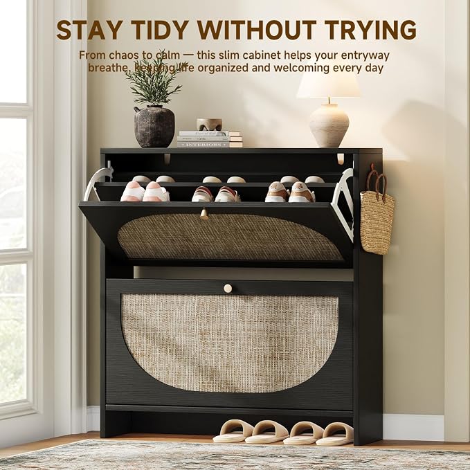 Nicetree Shoe Organizer for Entryway, Slim Shoe Rack with 2 Flip Drawers, Modern Boho Rattan Shoe Cabinet Storage for Entryway, Narrow Shoe Cabinet with Adjustable Shelves for Small Spaces, Black