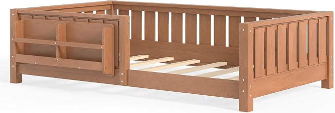 Bellemave Twin Size Montessori Floor Bed with Slats and Fence, Twin Size Montessori Bed with Rails and Bookcase, Easy Assemble Floor Beds Frame, Natural