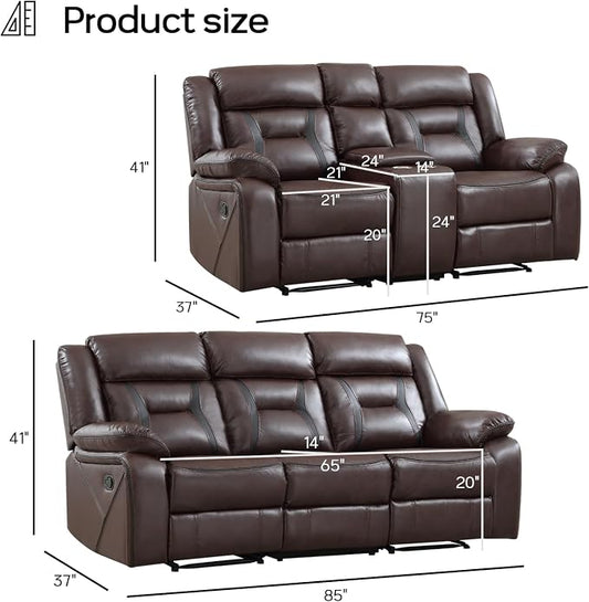 EBELLO Manual Recliner Sofa Set, Faux Leather Reclining Living Room Furniture Set, Included Loveseat and 3 Seat Manual Recliner Sofa, Dark Brown(Loveseat+Sofa)