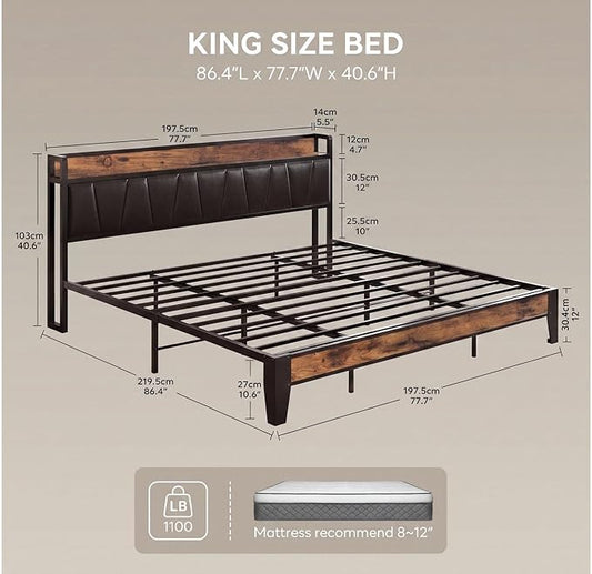 LIKIMIO King Bed Frame, Storage Headboard with Charging Station, Solid and Stable, Noise Free, No Box Spring Needed, Easy Assembly (Vintage and Black)
