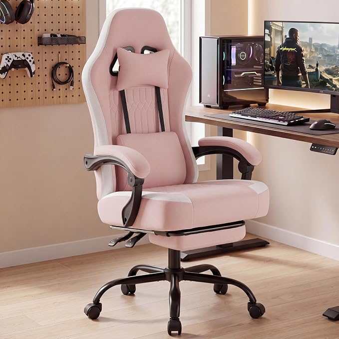 DUMOS Gaming Chair with Linkage Armrests, Video Game Chairs with Pocket Spring Cushion, Ergonomic Computer Silla Gamer Office Desk Chair with Footrest for Adults & Students, Pink