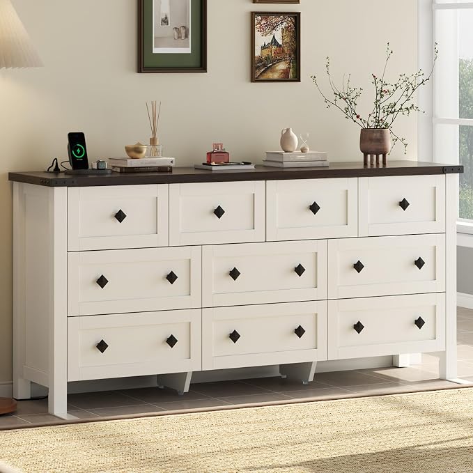 Gyfimoie 10-Drawer Dresser, 63" Farmhouse Wood Storage Chest of Drawers, Long Dresser TV Stand for TVs up to 75", Vintage Wide Dressers Organizer with Metal Handles for Bedroom, White