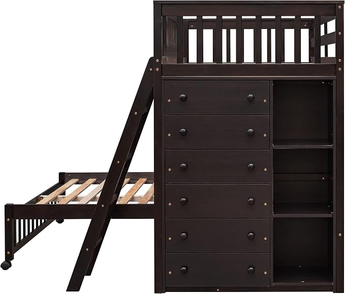 Ball & Cast Wooden Twin Over Full Bunk Bed with 6 Drawers & Flexible Shelves,Bottom Bedframe W/Wheel,Easy Assembly,Space Saving,Versatile Storage Furniture for Boy Girl Teen Compact Bedroom,Espresso