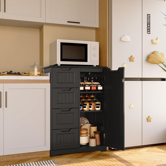 Gizoon Small Pantry Cabinet with Door and Shelves, 33'' Kitchen Pantry Cabinet Freestanding Wooden Bathroom Storage Cabinet with 4 Drawers for Kitchen and Dining Room, Black, Painted