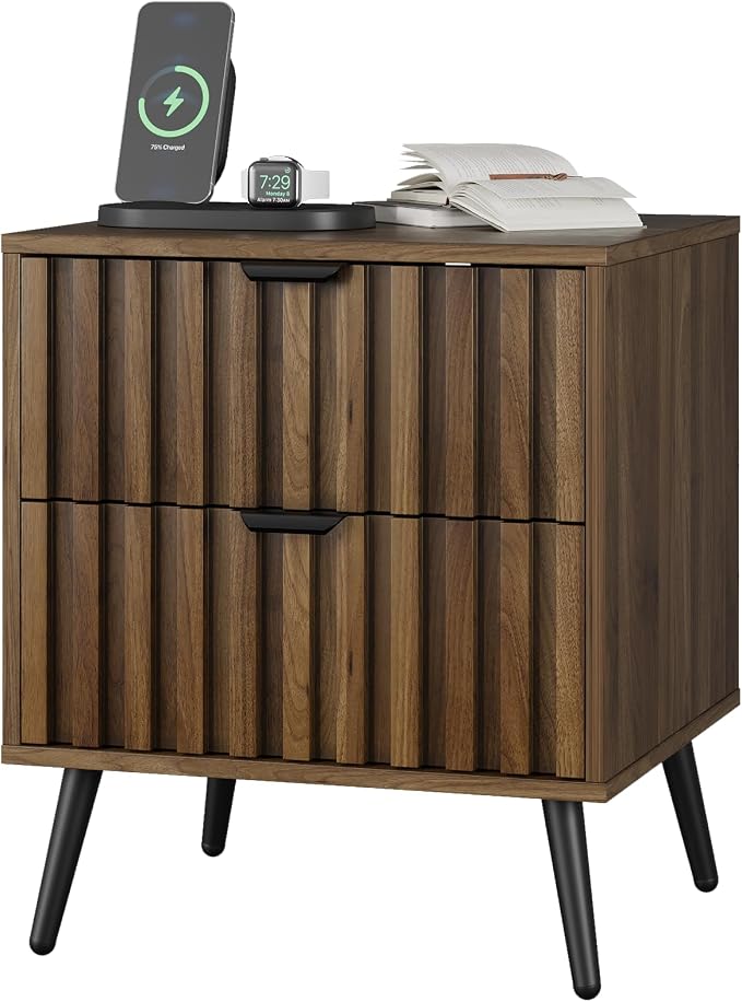 Smuxee Walnut Wooden Night Stand, Mid Century Nightstand with 2 Fluted Drawers, Bedside Table with Open Shelf, Modern End Side Table for Bedroom
