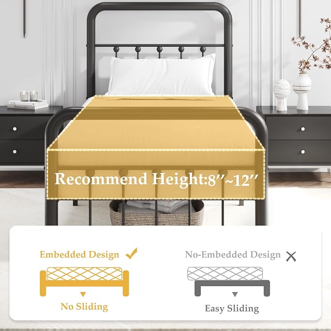 Fluest 14 Inch Twin Bed Frame Classic Metal Platform Bed Frame with Charging Station & LED, Victorian Style Iron-Art Headboard/Footboard, Under Bed Storage, No Box Spring Needed, Noise Free