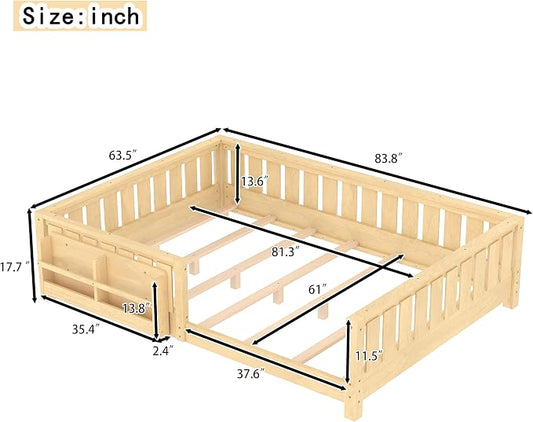 Bellemave Queen Size Floor Bed with high Rails and with Built-in Bookshelf for Kids, Girls, Boys, Wood Montessori Floor Bed Without Door, Light Natural