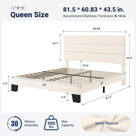 Allewie Queen Size Platform Bed Frame with Velvet Upholstered Headboard and Wooden Slats Support, Fully Upholstered Mattress Foundation/No Box Spring Needed/Easy Assembly, Cream