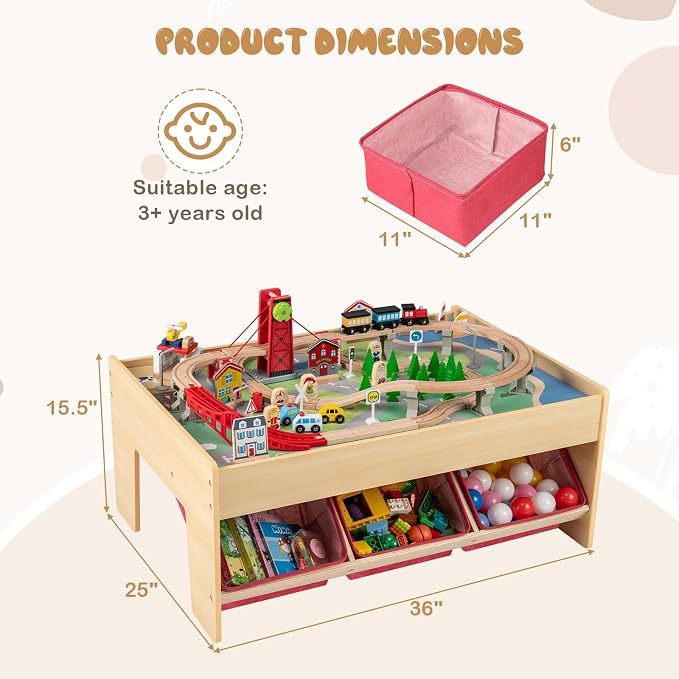Costzon Train Table, 3-in-1 Wooden Activity Table W/ 3 Storage Bins, Reversible 94 PCS Track Train Toys & Table Map for Building, Playing, Studying, Eating, Kids Train Set Table for Boys Girls Aged 3+