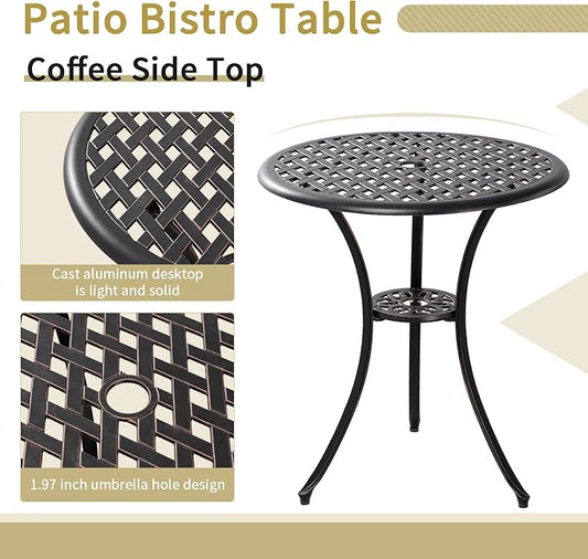 3 Piece Bistro Patio Set Cast Alumiunm Patio Furniture Set,All Weather Bistro Table and Chairs Set of 2 with 1.97" Umbrella Hole,Outdoor Patio Bistro Sets for Garden(Antique Bronze)