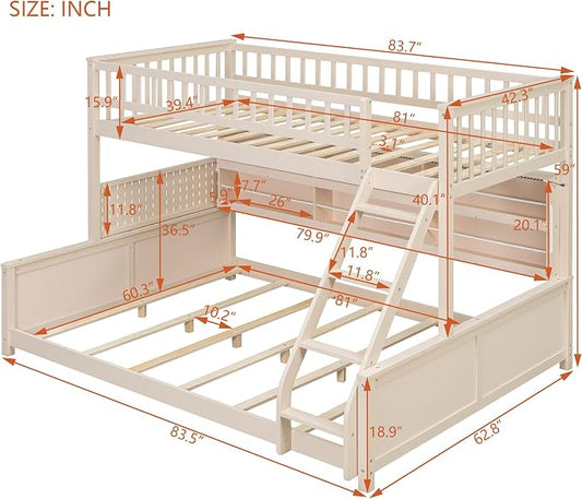 Merax Twin Over Queen Bunk Bed,Wood bunk Bed with LED,Bed with Integrated Shelving, Color-Changing Lights and Pegboard, Twin XL Over Queen, Beige