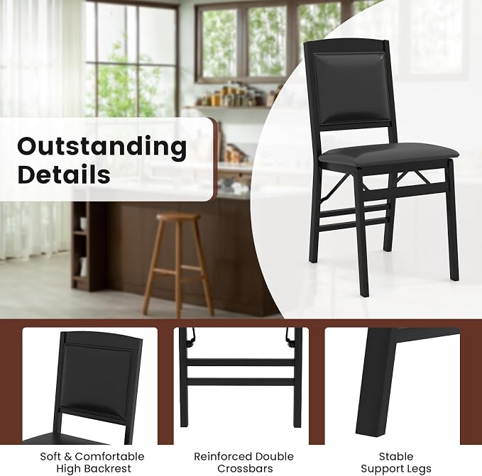 Giantex Folding Dining Chairs Set of 2, Black Wood Kitchen Chair w/Padded Seat, Solid Wood Frame, Max Load 400 Lbs, No Assembly, Easy to Store Foldable Wooden Dining Chairs for Apartment, Small Space
