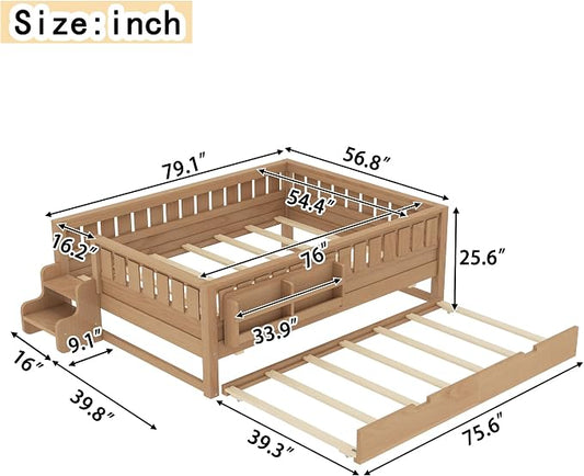 Bellemave Full Kids Montessori Bed with Stairs, Bookshelf and Trundle, Solid Wood Kids Bed Frame with Storage for Boys Girls, Low Profile,Natural
