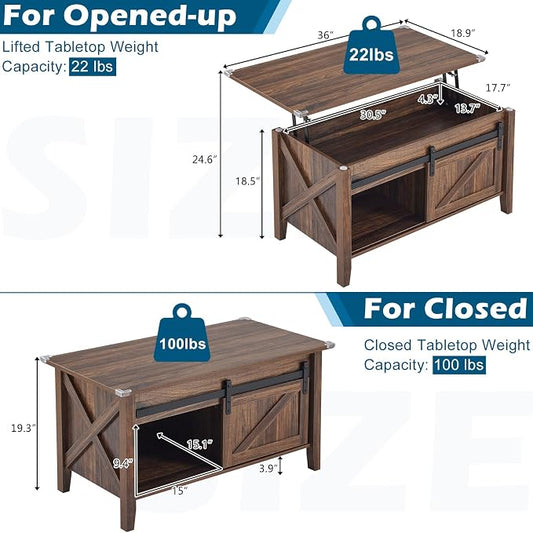 VINGLI Farmhouse Lift Top Coffee Table,36" Living Room Table,Espresso