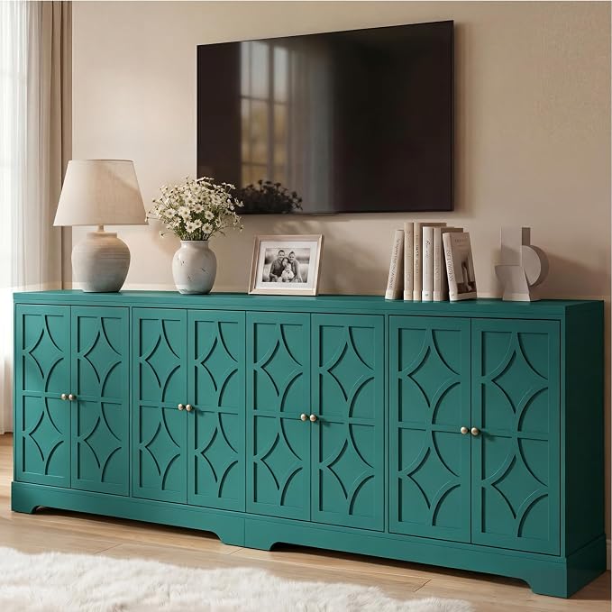 RoyalCraft Sideboard Buffet Cabinet with Storage, 56" Modern Sideboard with 4 Carved Doors, Large Wood Coffee Bar Console Table for Kitchen, Dining Room, Entryway, Living Room, Turquoise Blue