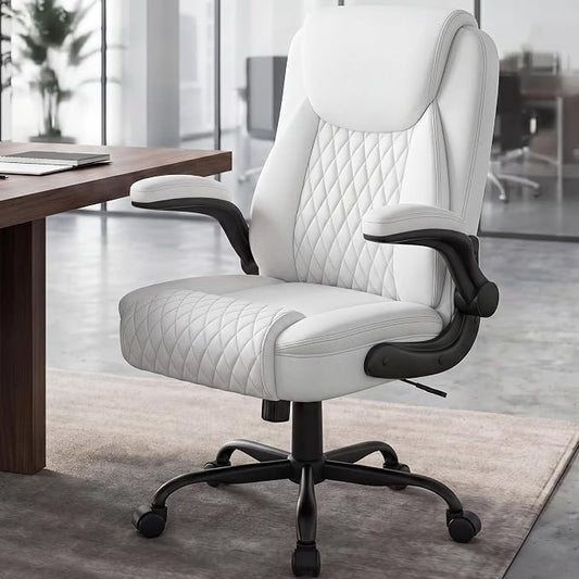 GTPOFFICE Executive Office Chair with Comfortable Lumbar Support, Ergonomic Gaming Chair with Flip-up Armrests & Zoned Pressure-Relief Cushion, Comfy PU Leather Desk Chair, White