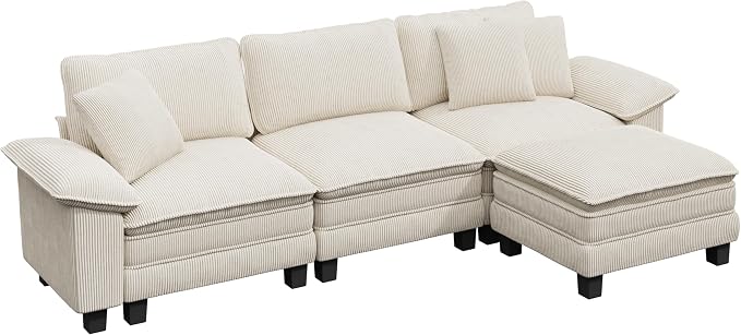PHI VILLA Cloud Modular Couch Sets, 123.6" Sectional Sofa with L-Shaped Chaise, 4-Seater Upholstered Couches with Movable Ottoman for Living Room, Corduroy Fabric, Beige