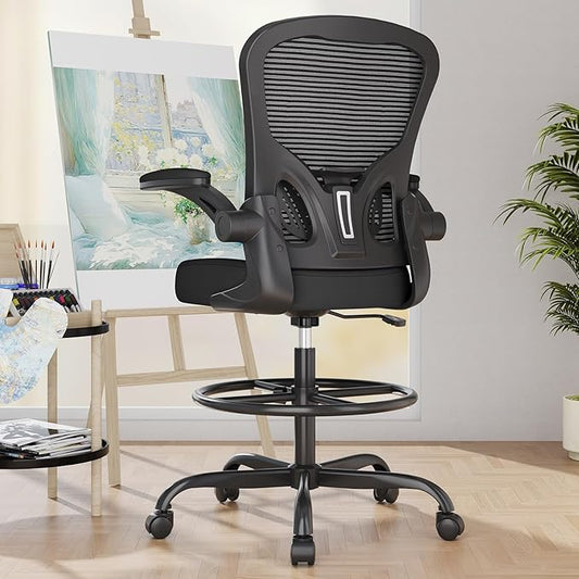 Synorla Ergonomic Drafting Chair, Tall Office Chair with Flip-up Armrests, Breathable Mesh High Desk Chair with Lumbar Support Adjustable Footrest Ring for Standing Desk Black