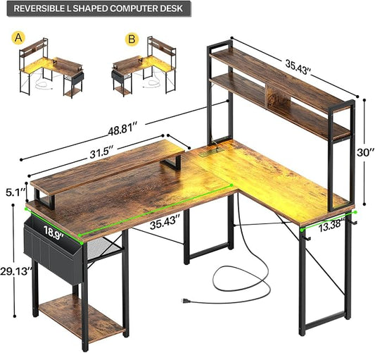 Aheaplus Small L Shaped Gaming Desk with LED Lights & Power Outlets, Reversible L-Shaped Computer Desk with Monitor Stand & Storage Shelf, Corner Desks Home Office Desk with Storage Bag, Rustic Brown