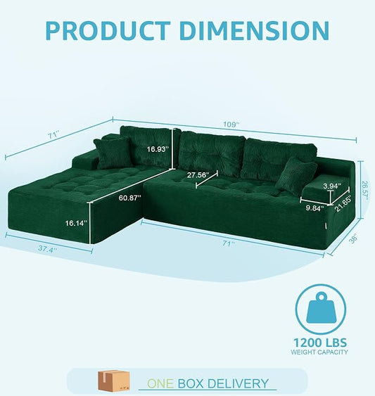 Hobestluk Modular Sectional Sofa Couches L-Shape Couch 3 Seat Modular Sofa Memory Foam Sectional Couches for Living Room, Cloud Couch with Oversized Chaise (Emerald Corduroy, 108", Left Hand Facing)
