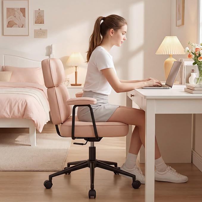 OLIXIS Ergonomic Home Office Desk Chair, PU Leather Computer Chair with Lumbar Support Adjustable Height Rolling Swivel Executive Task Armrests, Hot Pink